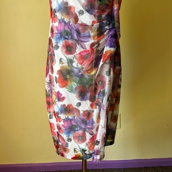 Joseph Ribkoff Floral Mesh Sheath Dress Watercolor Print Ruched Asymmetrical 12‎ - Picture 3 of 10